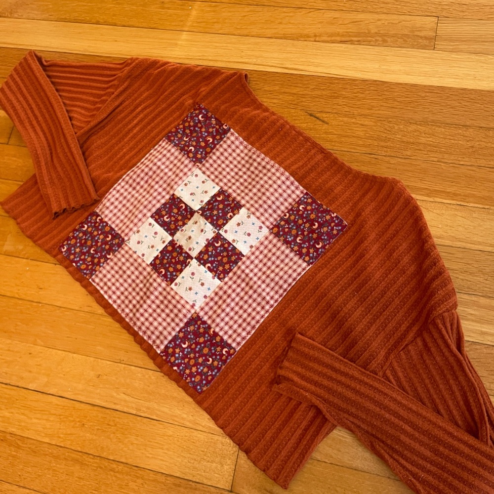 Rust, Button Down, Patchwork Knit Sweater - image 1